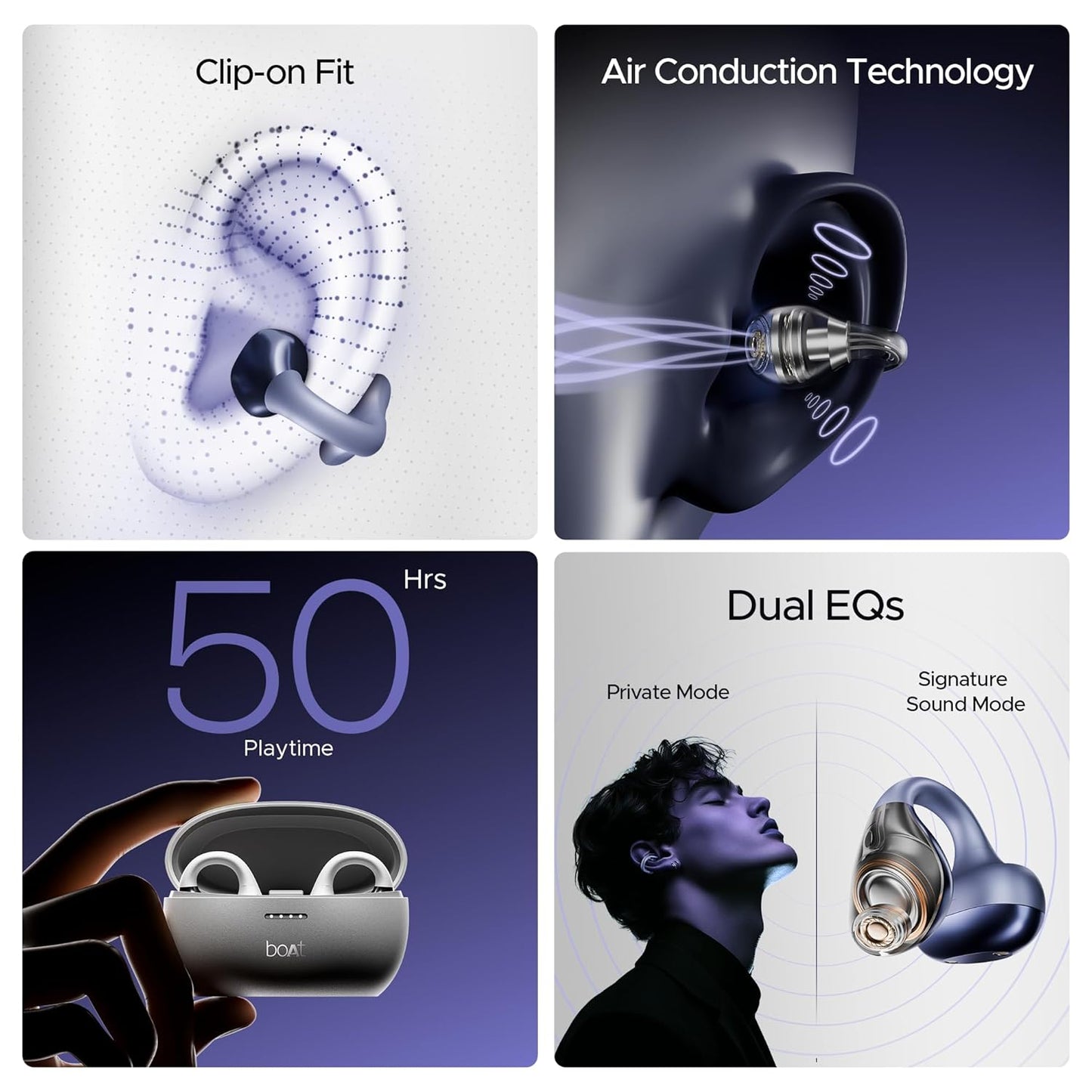 boAt Airdopes Loop Bluetooth in Ear Earbuds W/Clip-On Fit, Air Conduction Tech, 50HRS Battery, 4Mics Enx, Dual EQ Modes, 12Mm Drivers, 40Ms Latency,ASAP Charge,OWS Ear Buds Earphones