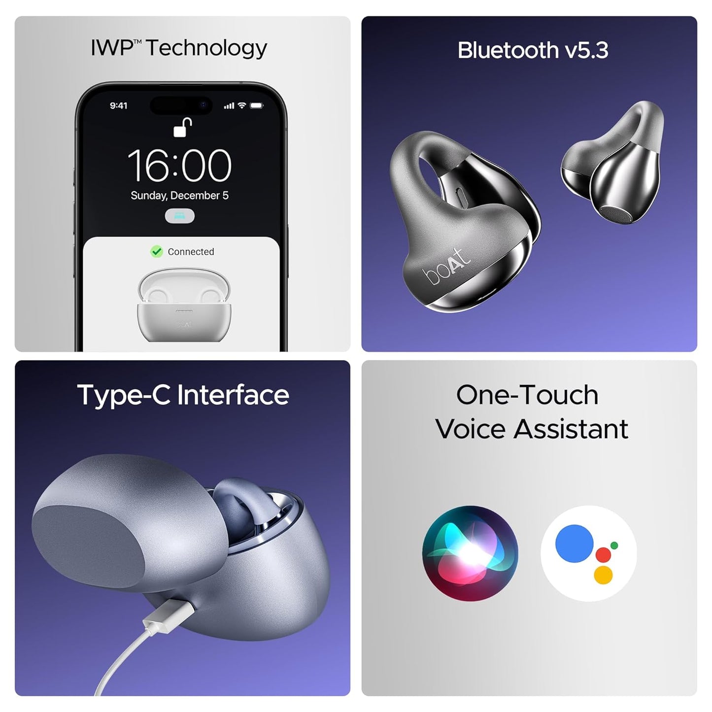 boAt Airdopes Loop Bluetooth in Ear Earbuds W/Clip-On Fit, Air Conduction Tech, 50HRS Battery, 4Mics Enx, Dual EQ Modes, 12Mm Drivers, 40Ms Latency,ASAP Charge,OWS Ear Buds Earphones